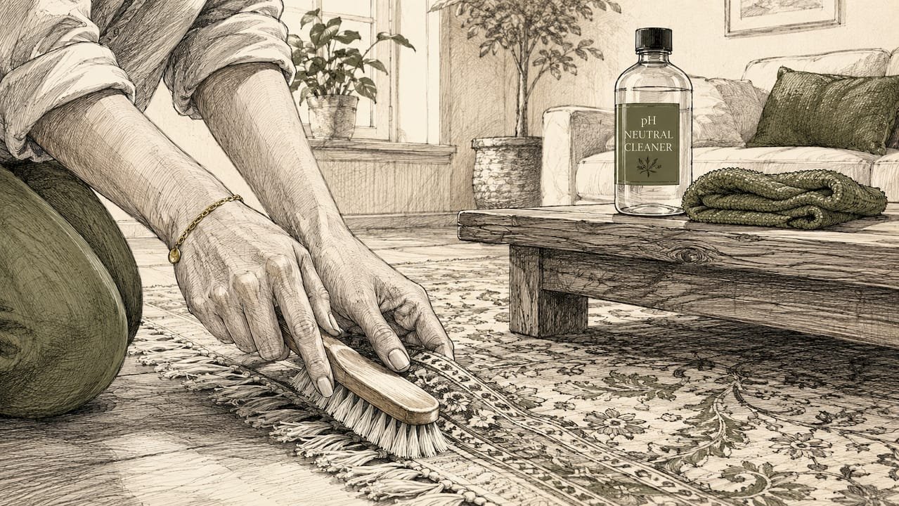 Hands brushing silk rug with soft-bristle brush