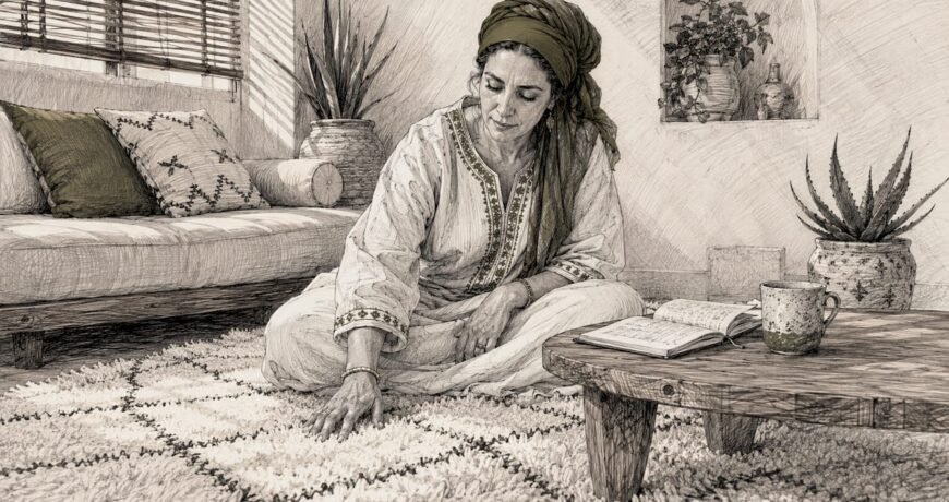 Woman sitting on plush Beni Ourain Moroccan rug