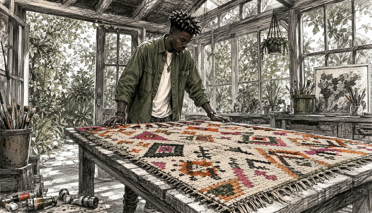 Artist examining colorful Azilal Moroccan rug in studio