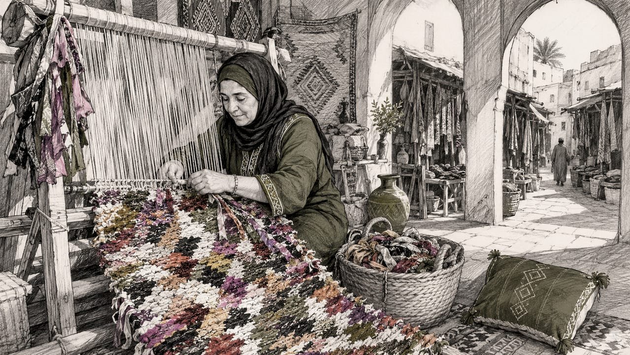 Hands weaving colorful Boucherouite recycled fabric rug