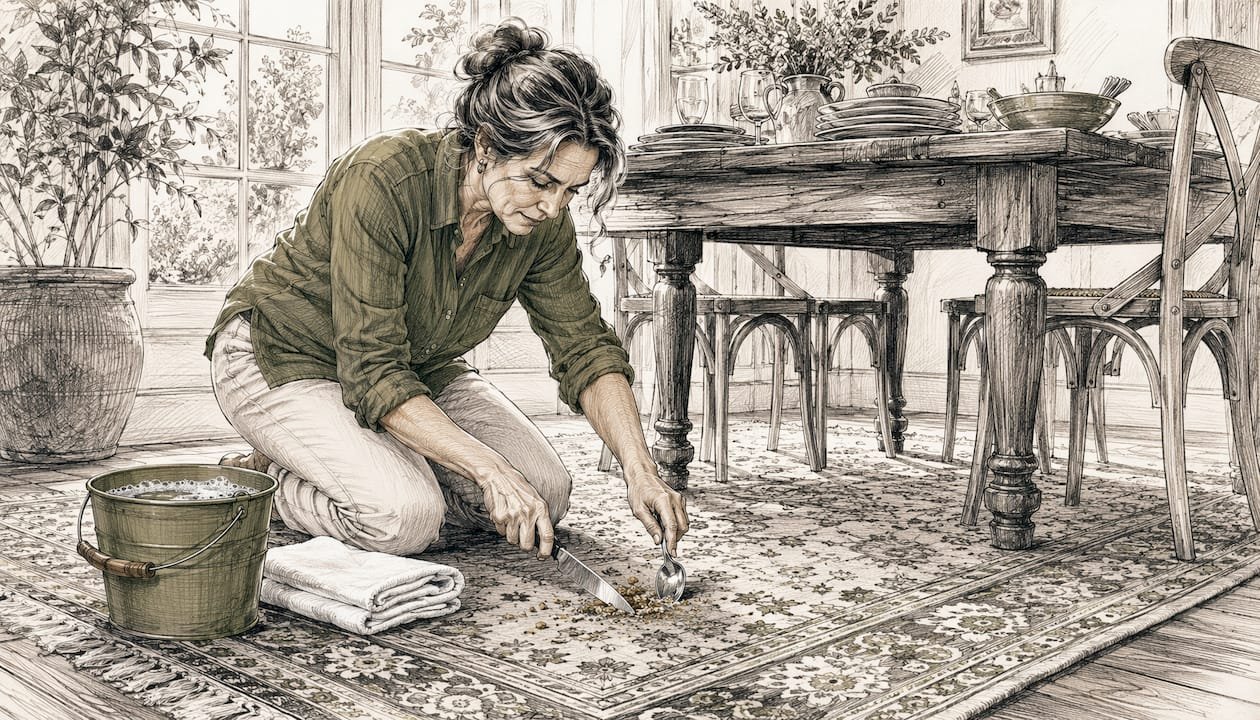 Hands scraping grease off dining rug