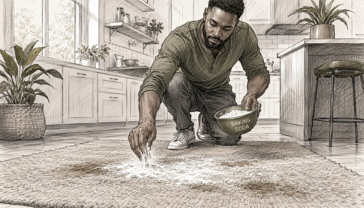 Man applying baking soda to pet urine stain on rug