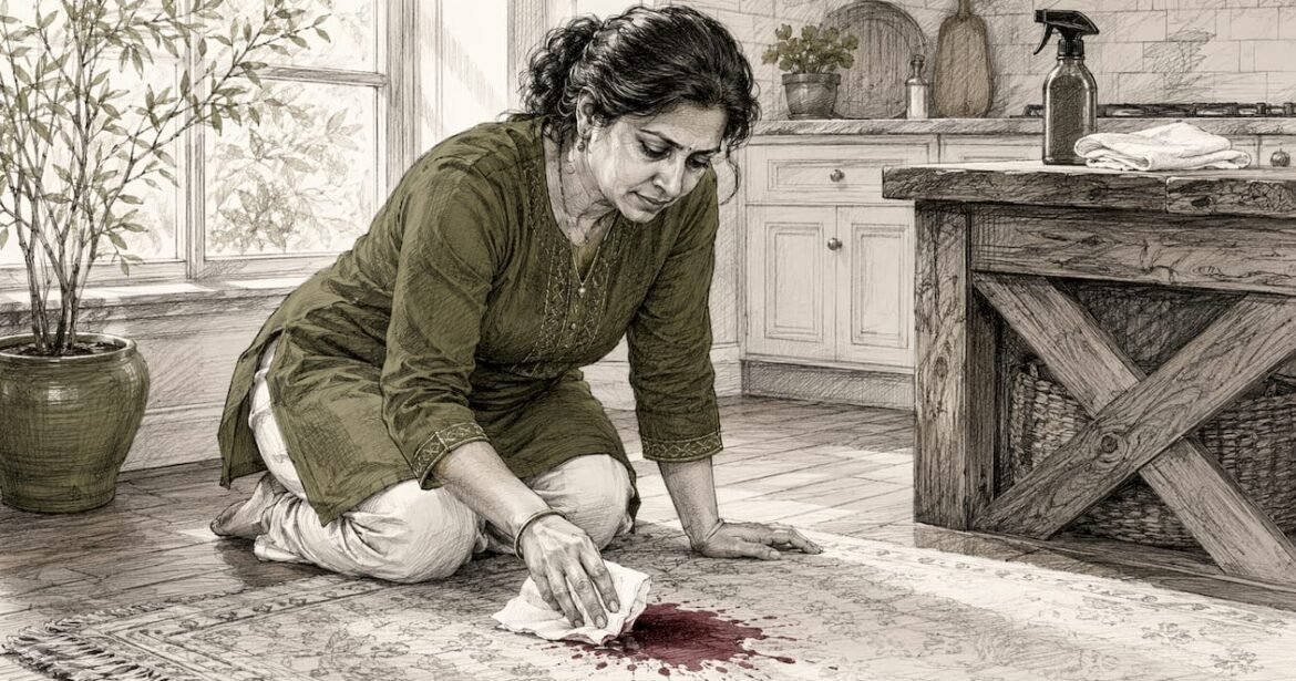 Woman blotting wine stain on rug