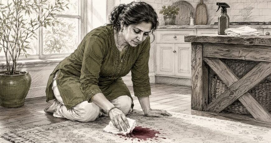 Woman blotting wine stain on rug
