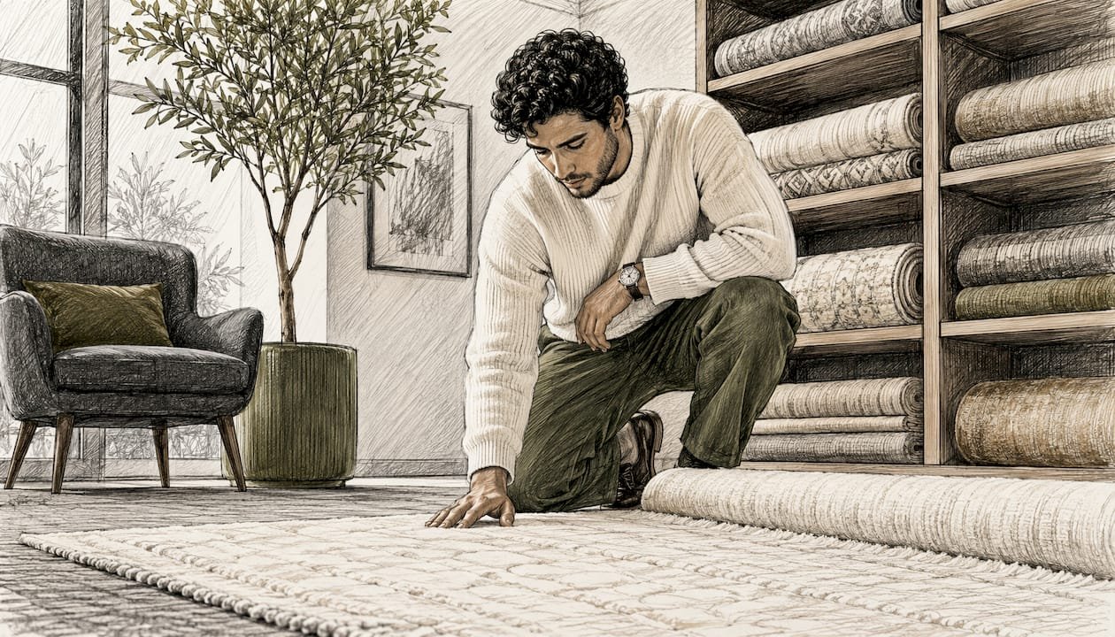Man choosing mulberry silk luxury rug in showroom