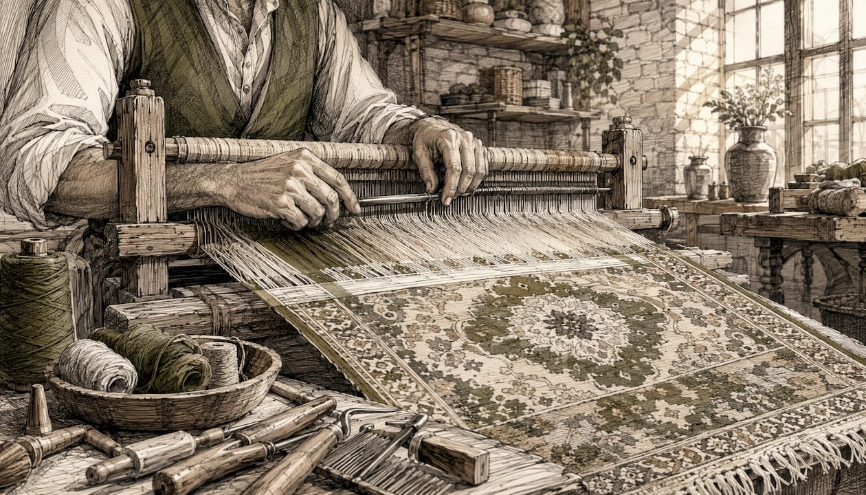 Hands weaving wool luxury rug on loom