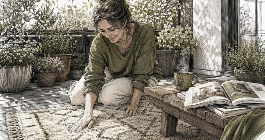 Woman assessing luxury rug texture in home