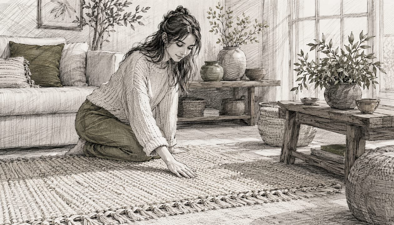 Hands feeling soft rag-style cotton rug fibers