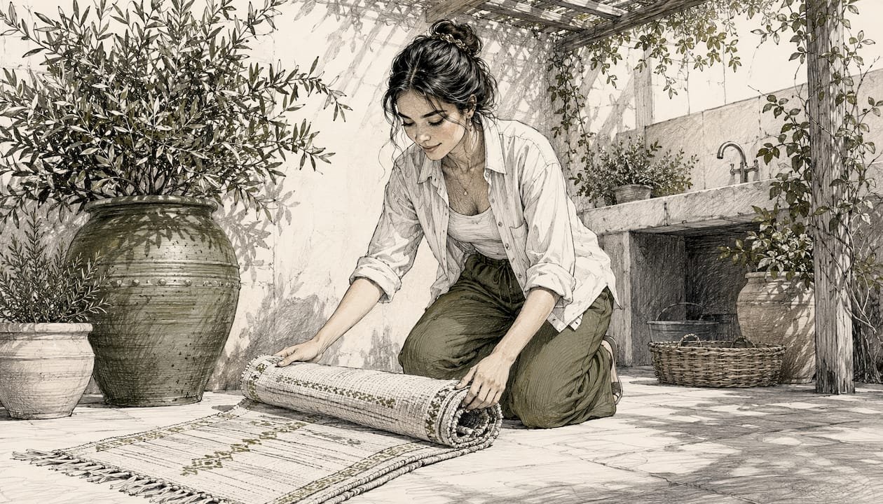 Woman loading eco-friendly cotton rug into washing machine