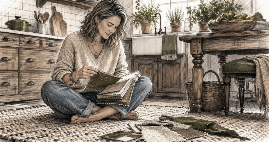 Stylist reviewing cotton rugs in living room