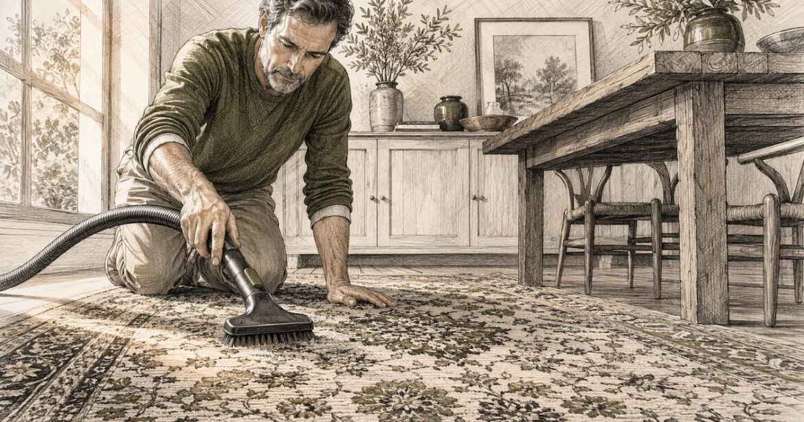 Man vacuuming Persian rug carefully