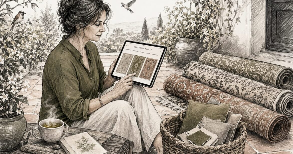 Woman shopping for rugs online at home