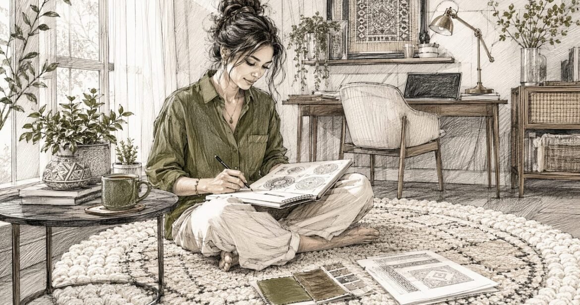 Interior designer sketching on round rug in living room
