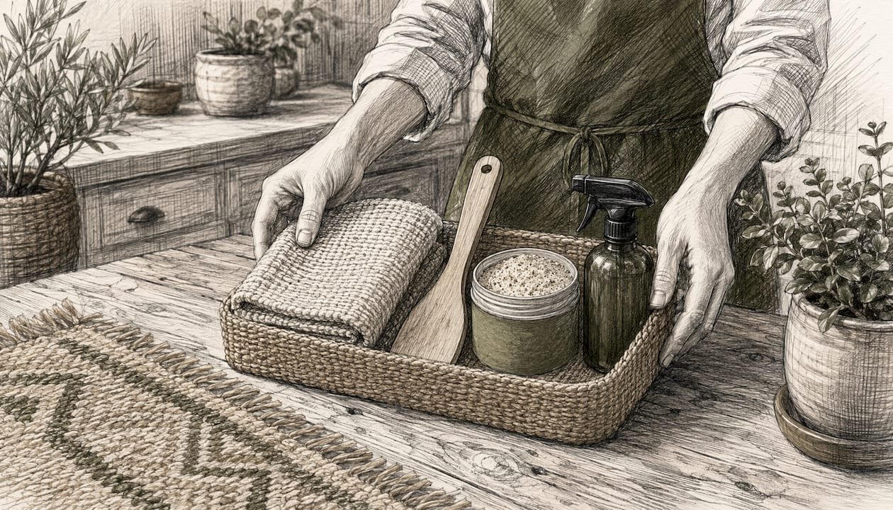 Hands arranging jute rug cleaning tools