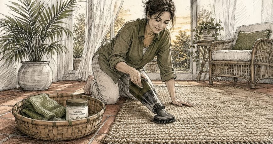 Woman vacuuming jute rug safely