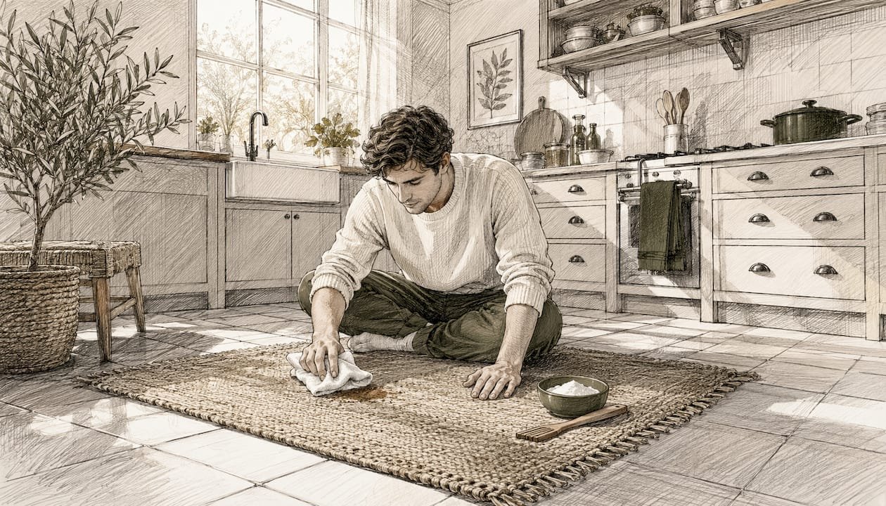 Man spot cleaning jute rug with towel