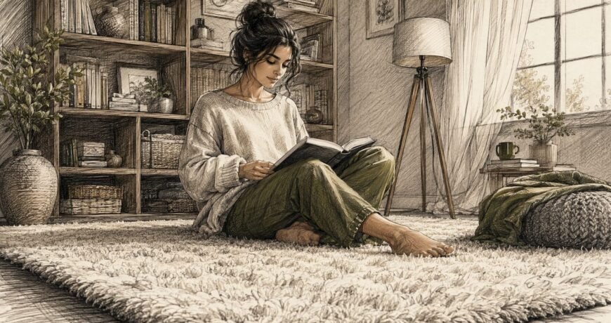 Woman sitting on soft wool rug in bedroom