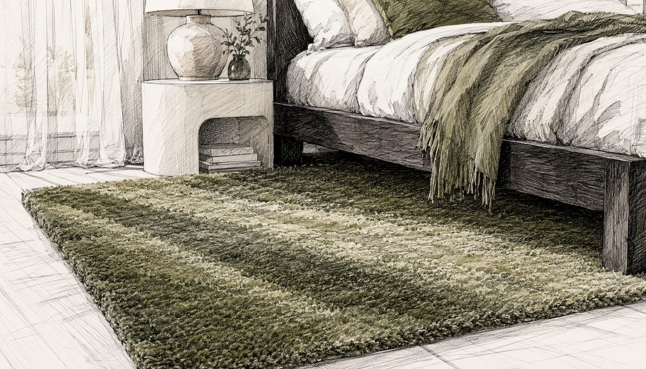 Close-up of plush wool rug in master bedroom