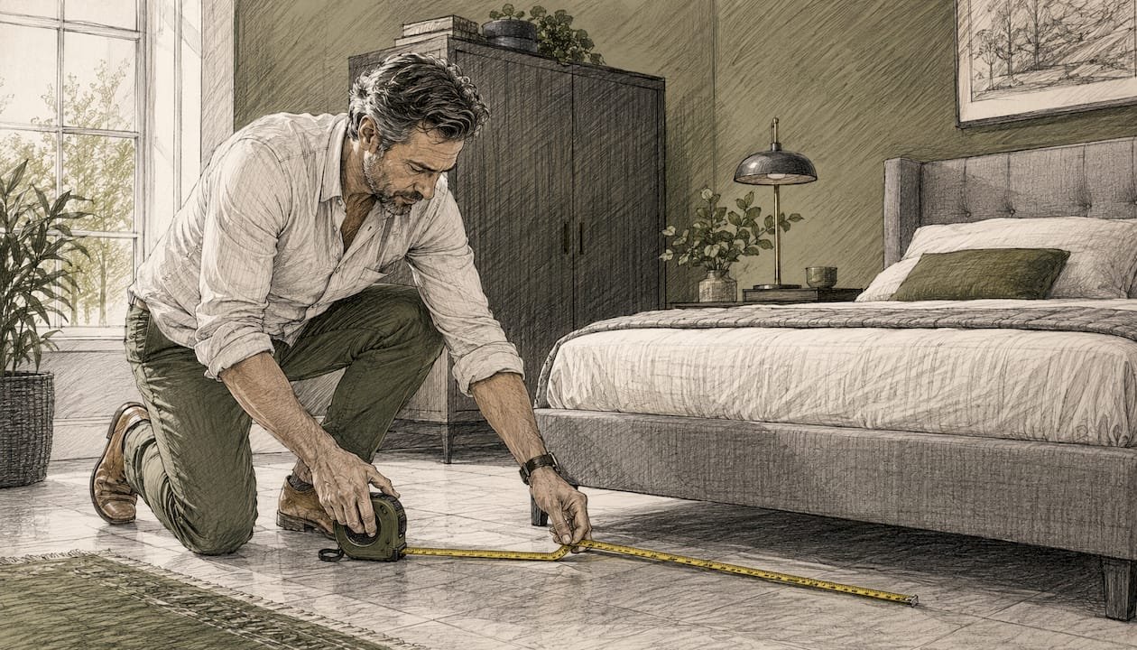 Man measuring floor space around bed for rug