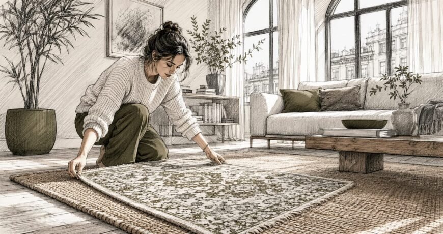Woman layering rugs in living room with sunlight