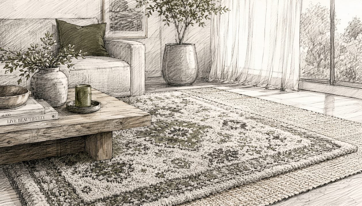 Close-up of layered rugs showing material texture contrast