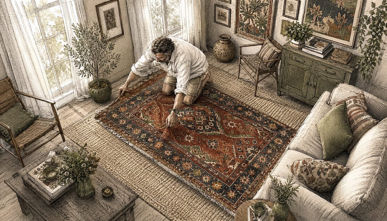 Man arranging colorful layered rugs in boho living room