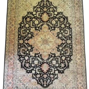 Full overhead view of a 6' 10" x 10' 0" hand-knotted Persian Heriz wool rug featuring a bold black field, cream corners, and a large central star medallion.