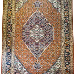 Full overhead view of a 6' 9" x 10' 2" hand-knotted Persian Mahi fish wool rug featuring a terraced central diamond medallion on a rust-orange field.