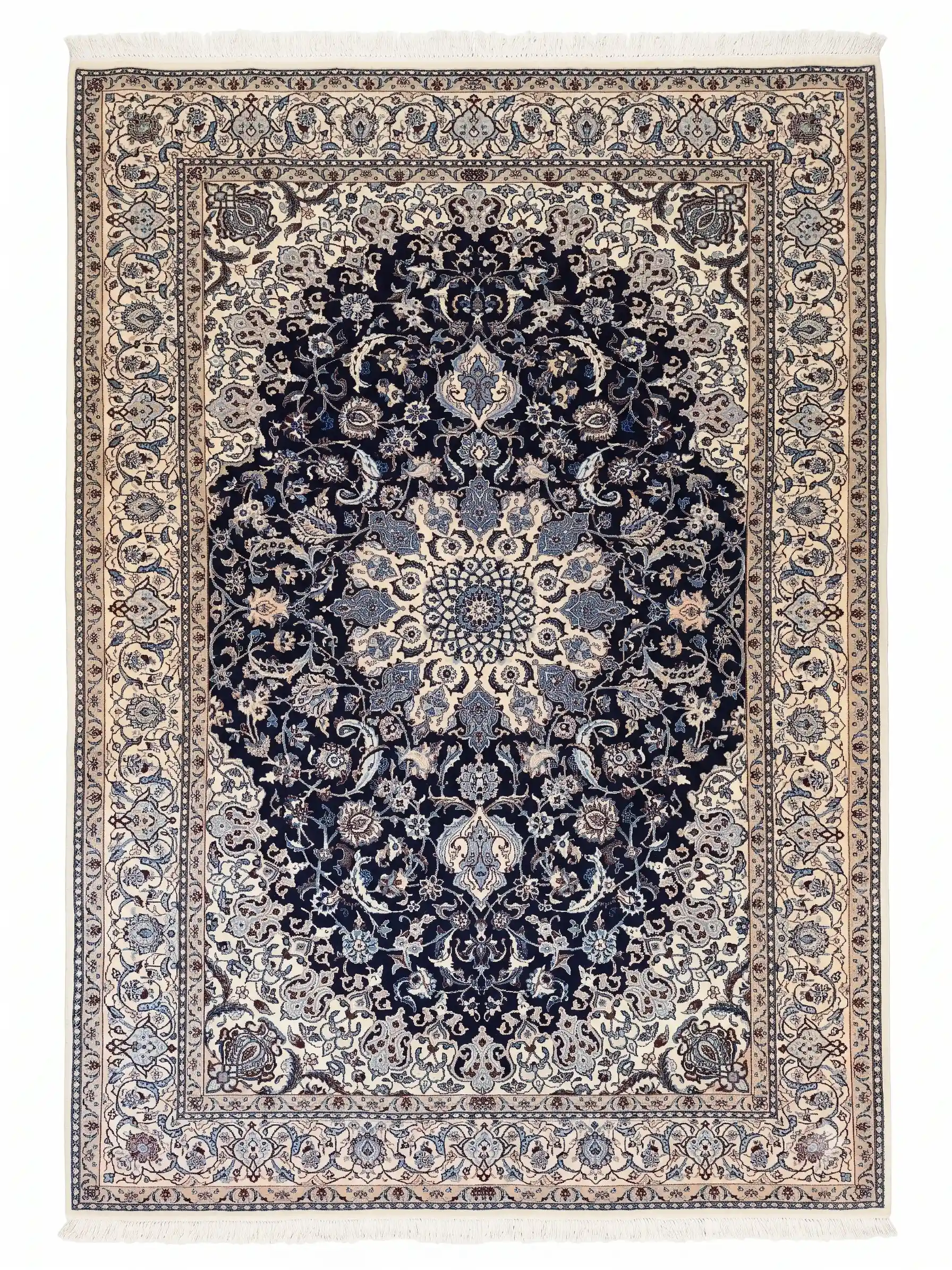 Full overhead view of a 6' 9" x 10' 4" hand-knotted Persian Nain wool rug featuring a floral medallion on a dark navy field with ivory borders.