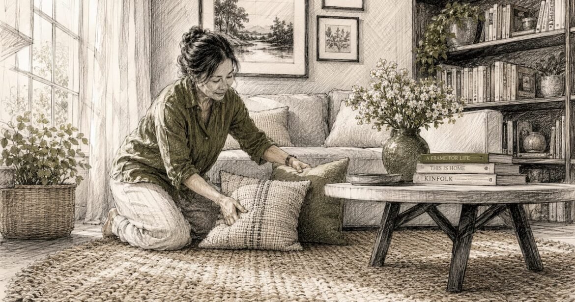 Cozy living room with wool rug and sofa