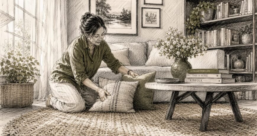 Cozy living room with wool rug and sofa