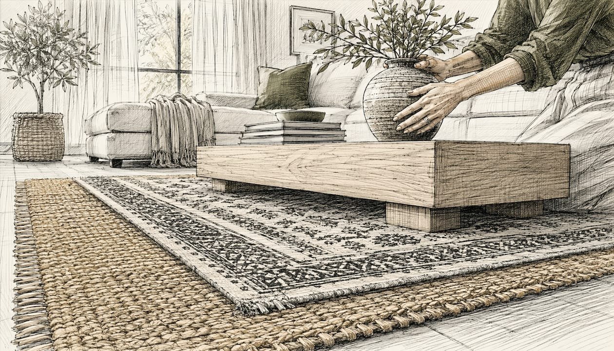 Layered jute and patterned rugs in living room