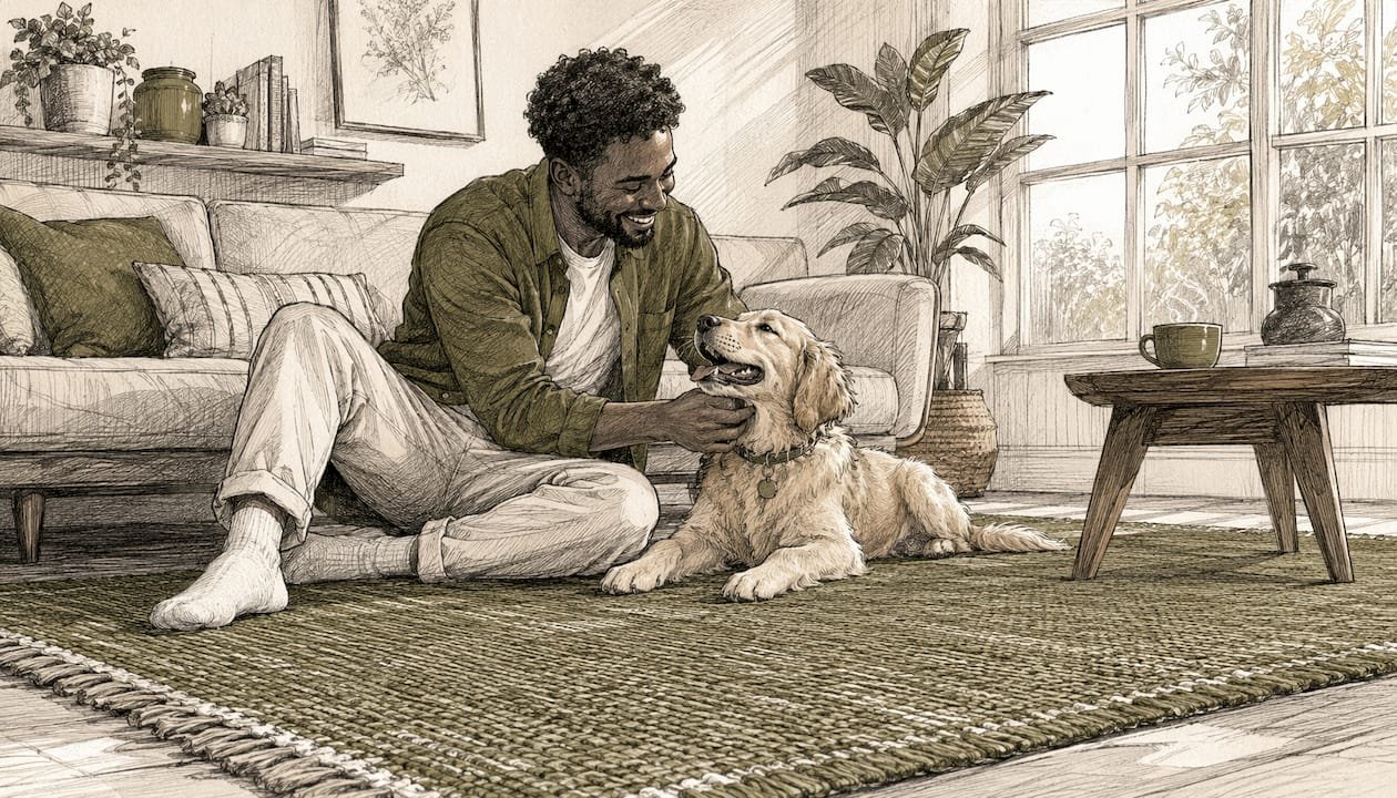 Pet owner with dog on flatweave rug
