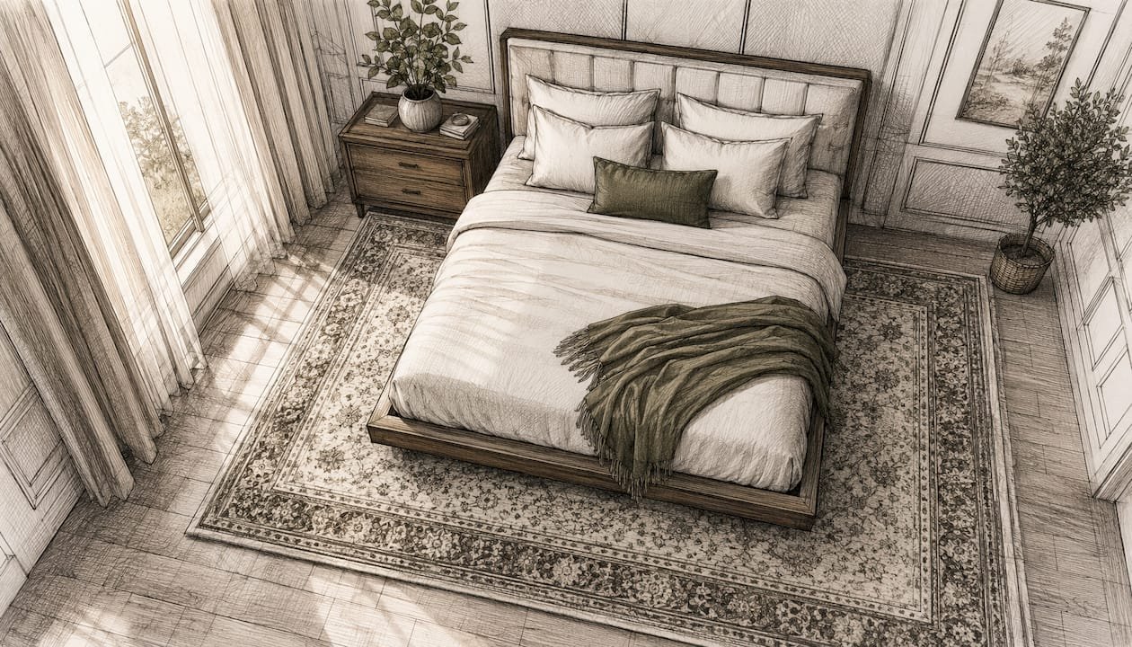 Full rug anchoring king bed in master bedroom