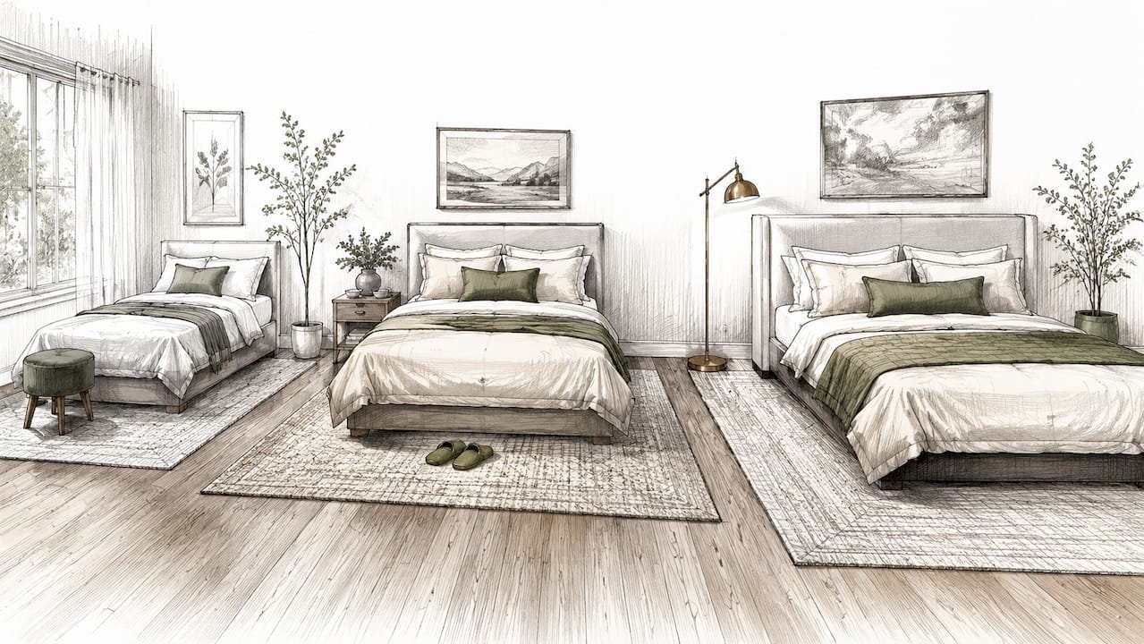Side view comparison of rugs under different bed sizes