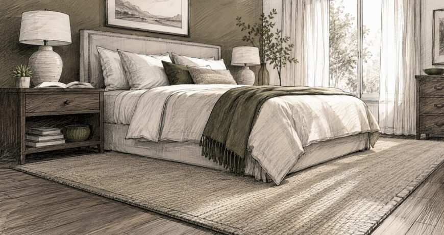 Queen bed with properly placed neutral rug in bedroom