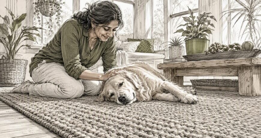 Woman petting dog on durable stylish rug