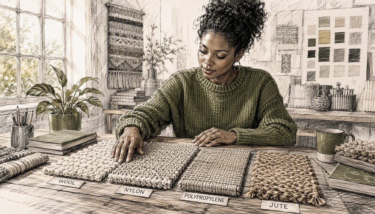 Hands comparing pet-friendly rug materials samples