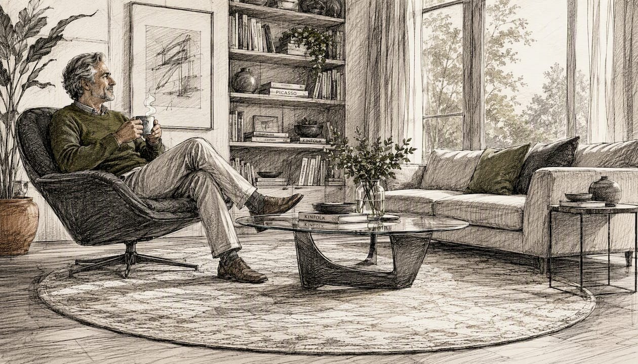 Man seated viewing living room with round rug centered
