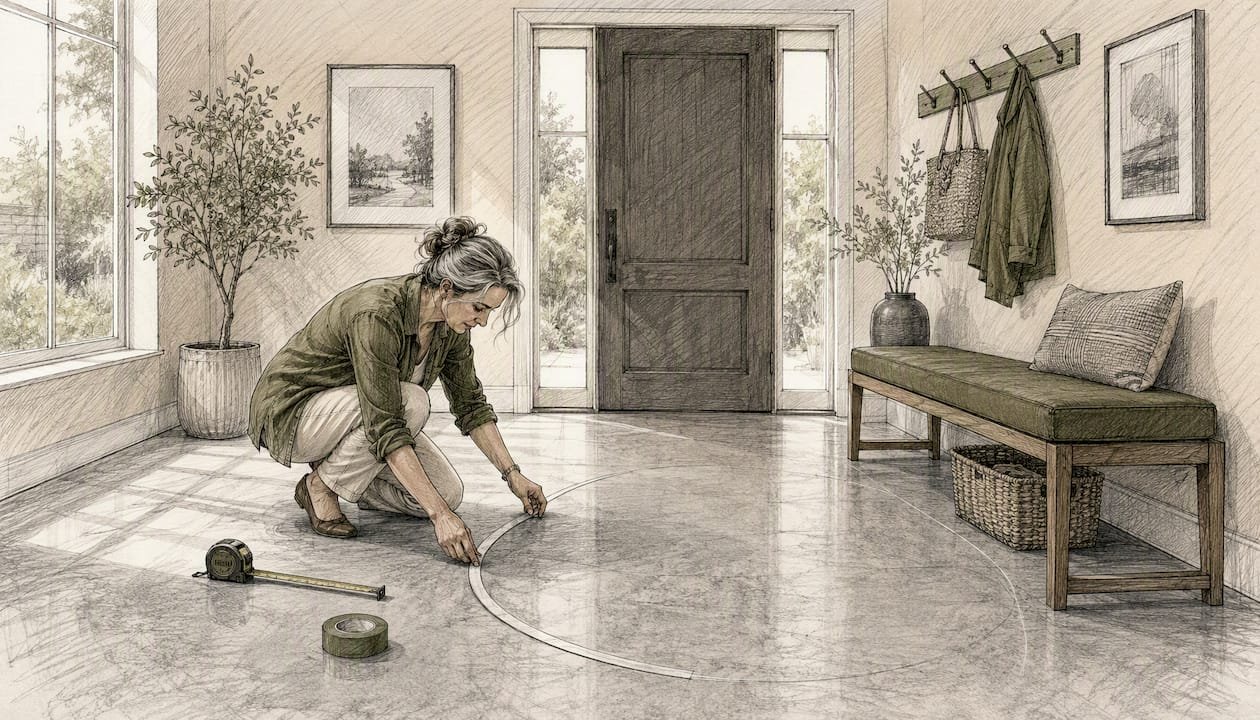 Hands marking door swing arc for rug placement in entryway
