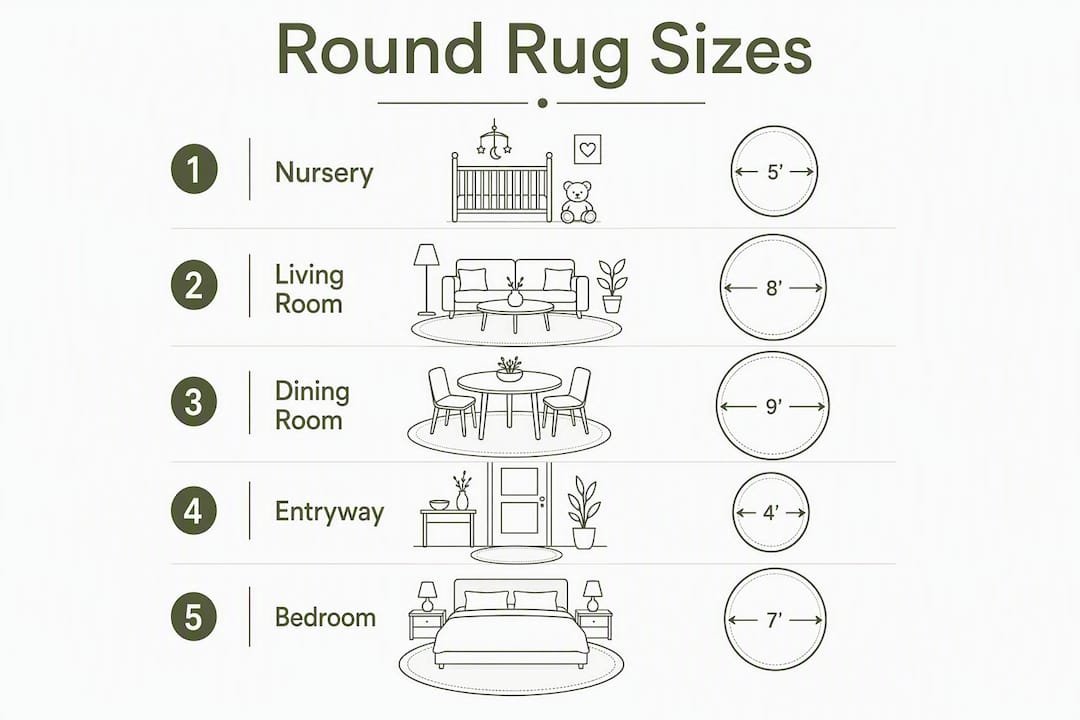 Infographic showing round rug size recommendations by room