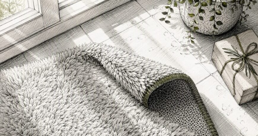 Washable bath rug on tile floor with rubber backing