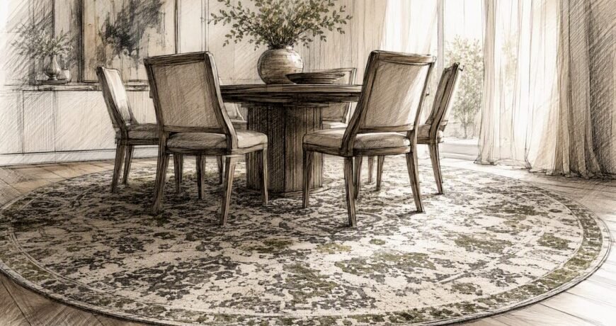 Dining table with rug extending beyond chairs
