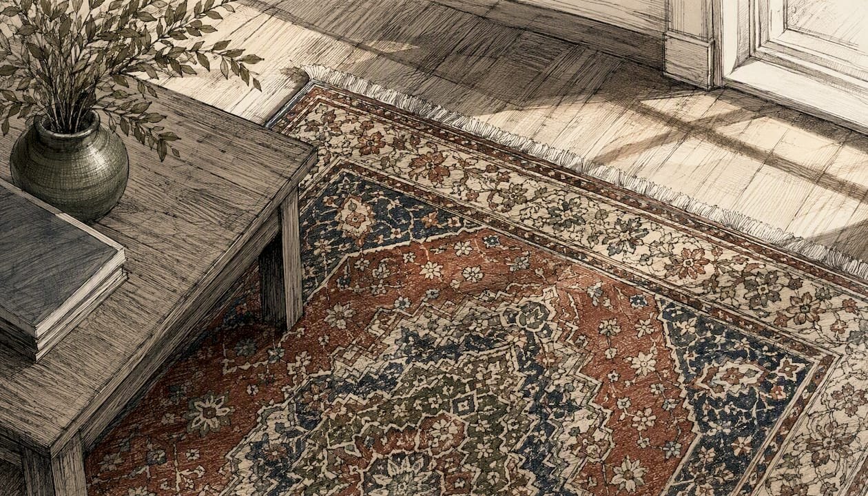 Detailed close-up of Tabriz rug medallion and texture