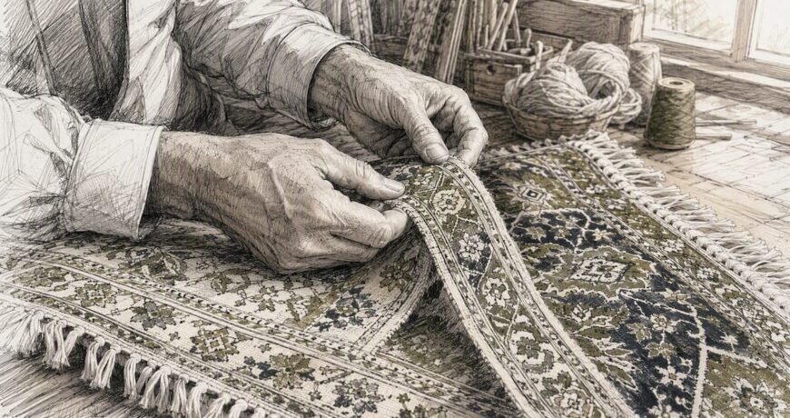 Close view of artisan hands inspecting Persian rug sections