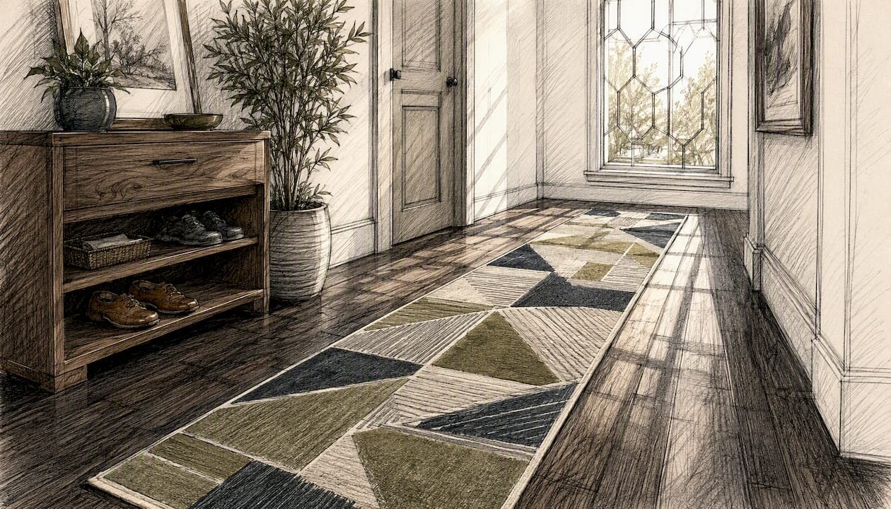 Geometric abstract washable runner rug in hallway