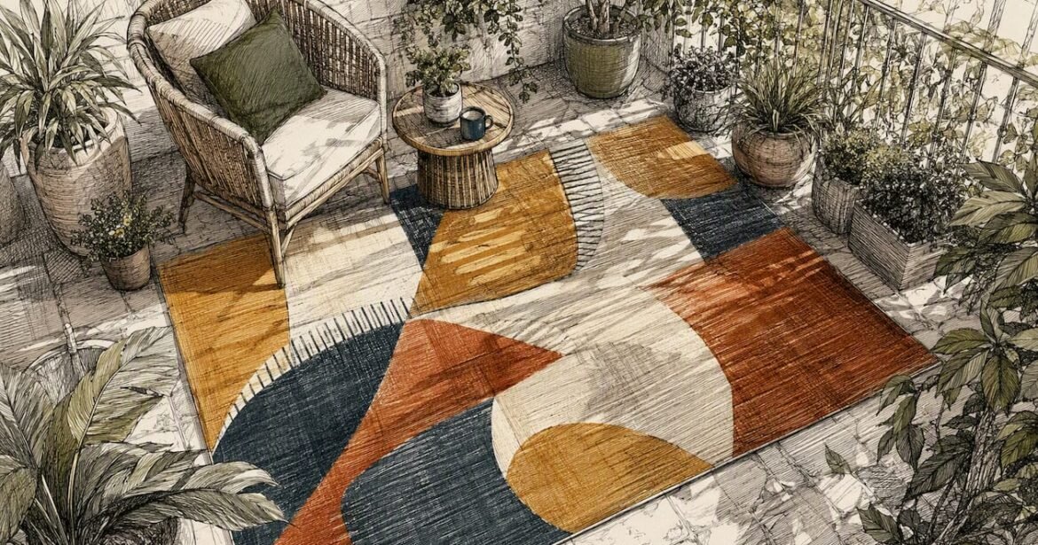 Modern living room featuring large colorful abstract rug