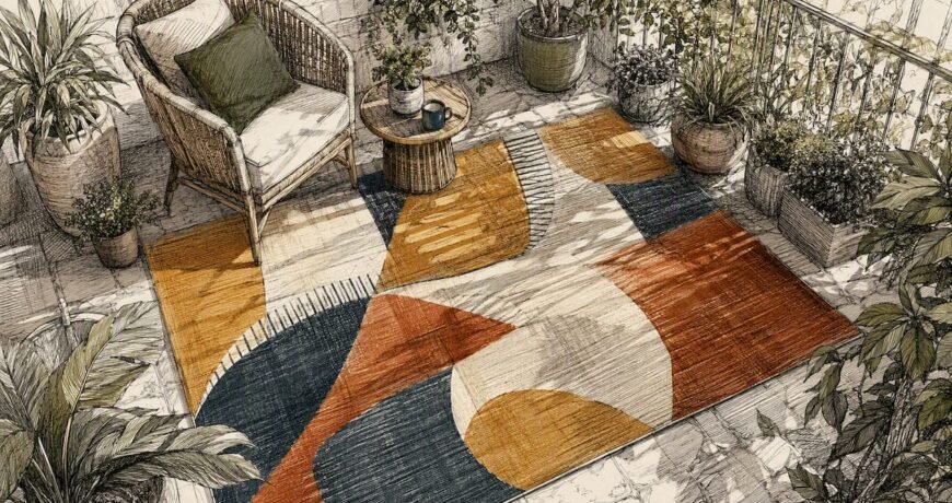 Modern living room featuring large colorful abstract rug