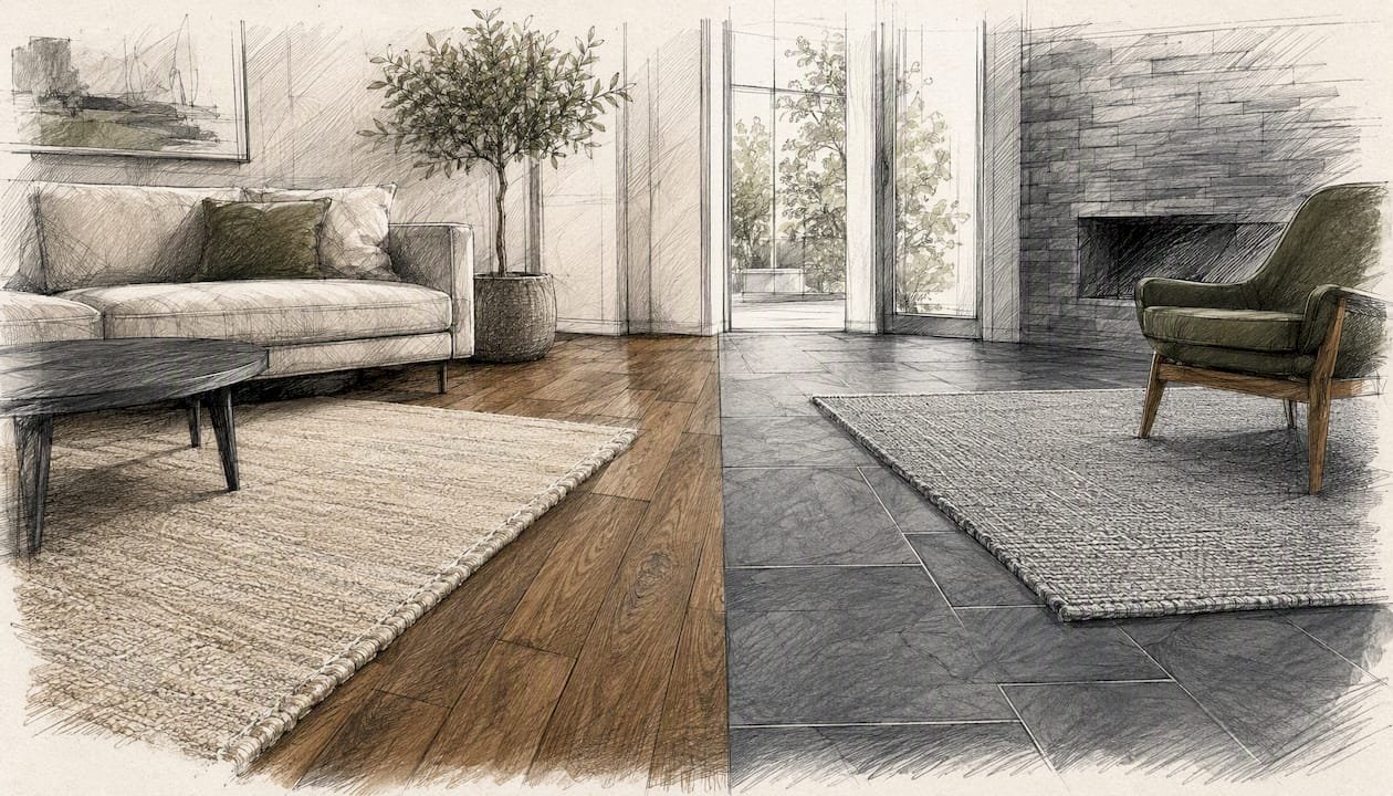 Warm and cool neutral rug edges on different flooring