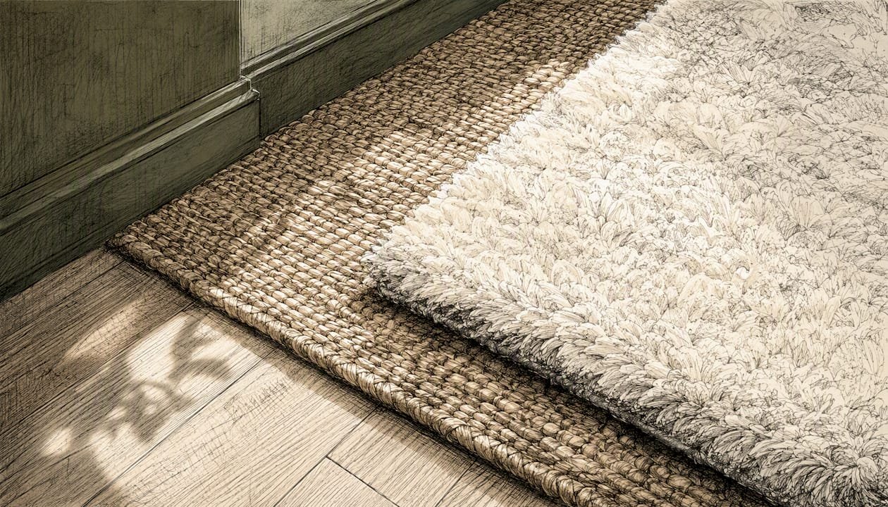 Layered jute and wool rugs showing texture contrast